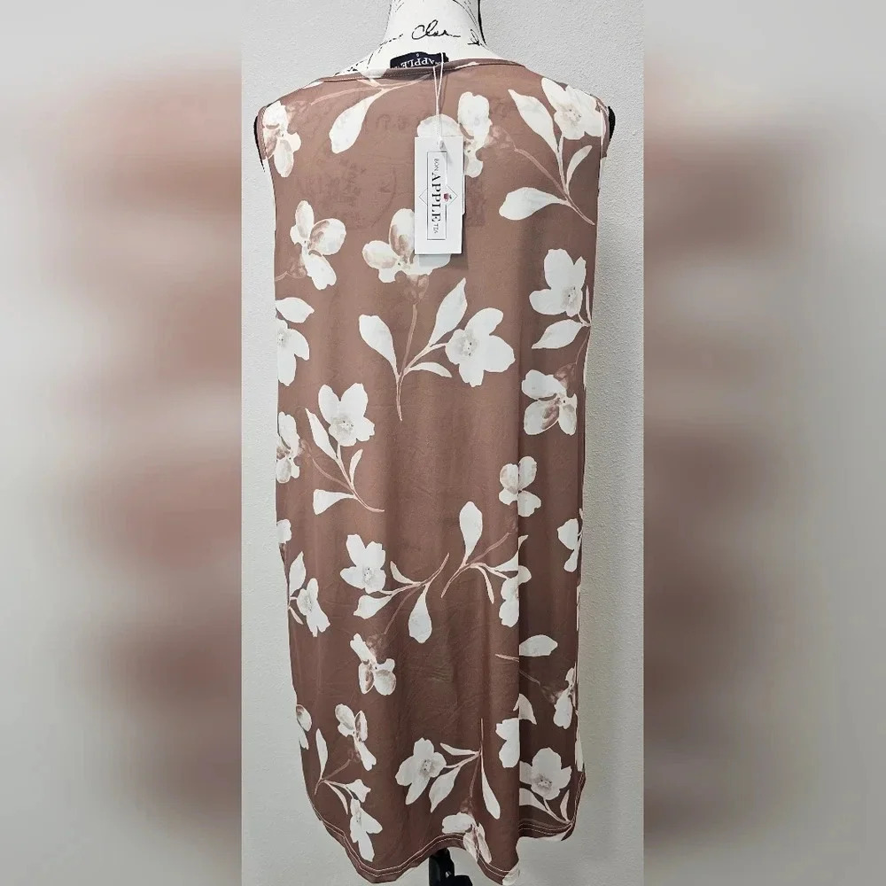 Bon Apple Tea Coffee & White Floral Pocket Sleeveless V Neck Shift Dress Size S - Picture 4 of 12